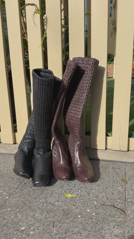 Bottega Venneta Intrecciato Brown Woven Knee High Boots sz 38