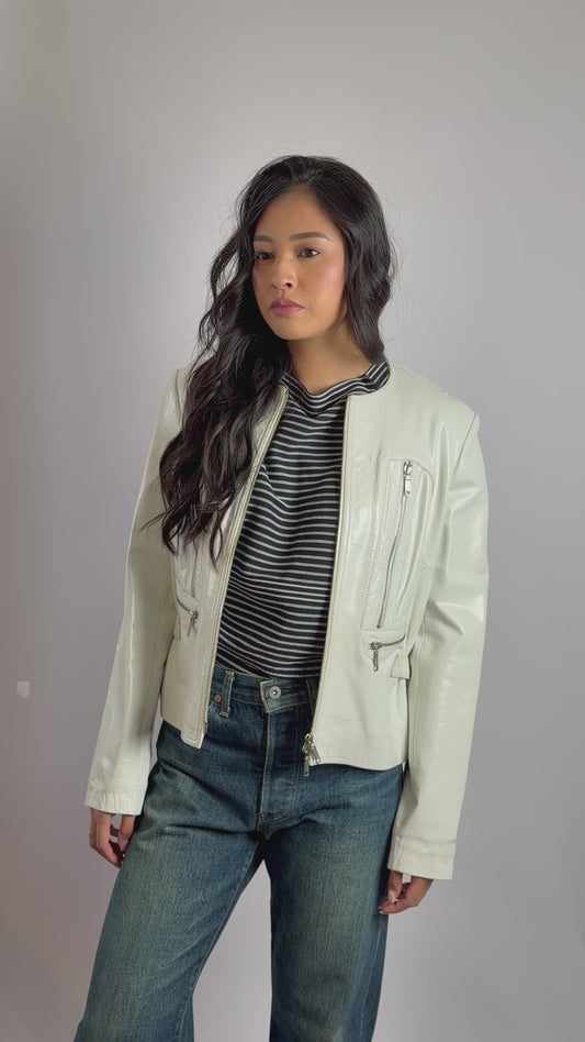 Celine White Motorcycle Zipper Collarless Leather Jacket