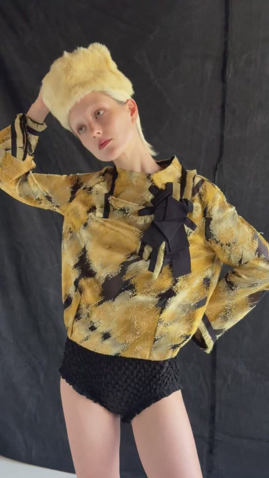 Lanvin Yellow Black High Neck Bell LS Abstract Print Blouse